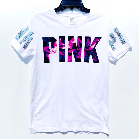 PINK Victoria's Secret Tops - PINK Campus Short Sleeve White Bling Trendy Top